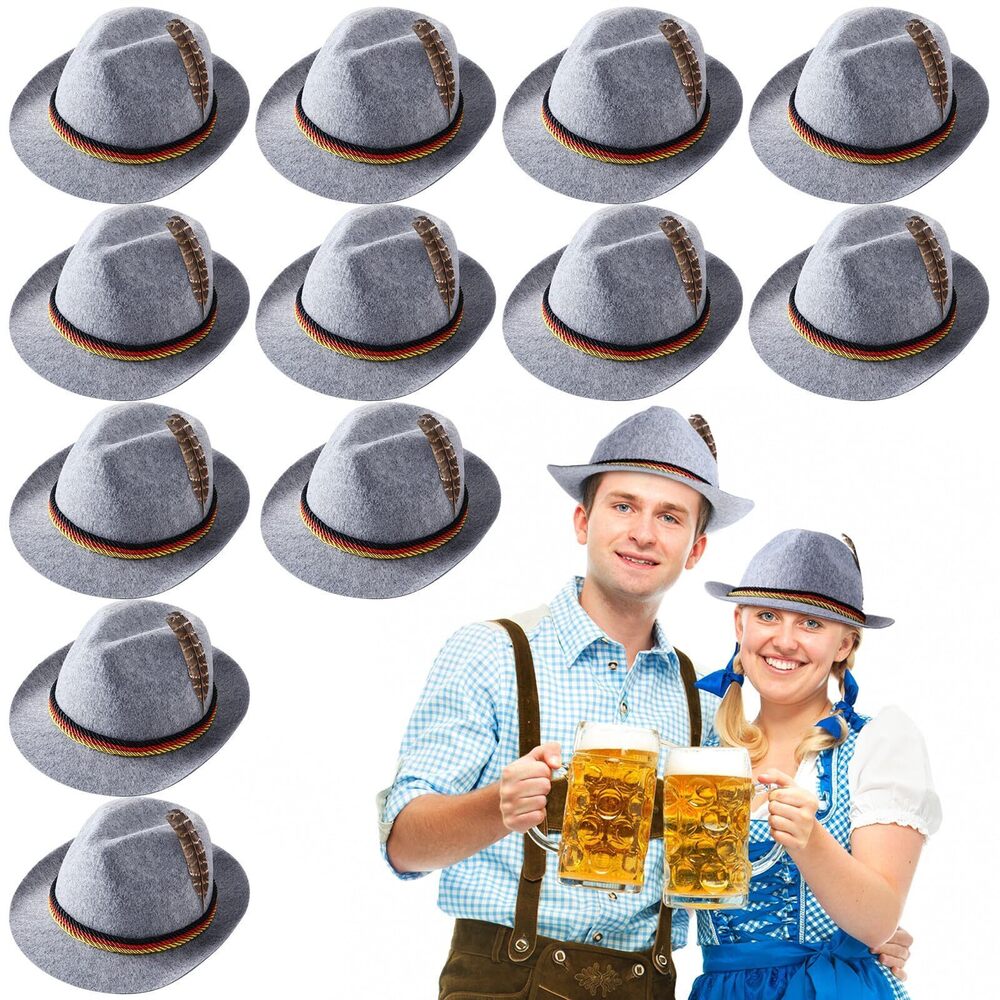 4448 12 Pcs Oktoberfest Hat Bavarian Gray with Feather Felt German Hat